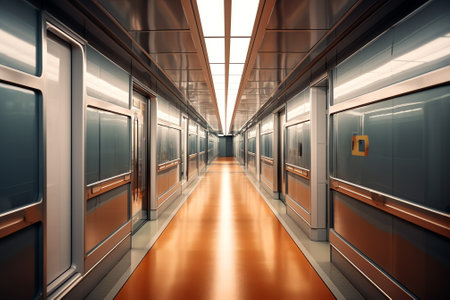 Long empty underground corridor with drainage system and metal pipelines for transporting water andの素材