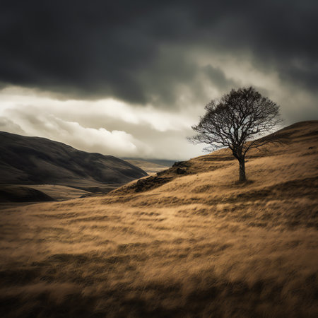 Empty field with bushes and old tree in the foreground and hill in the backround and forrest in farの素材