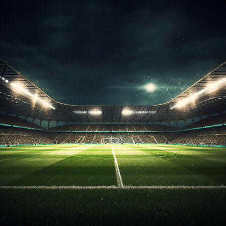 Soccer arena. Realistic european football stadium with grass field, lights and spotlights. 3d ball sの素材