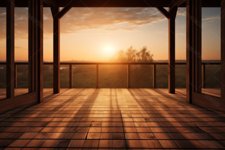 Empty wooden floor in front of
lake view background during sunrise.の素材