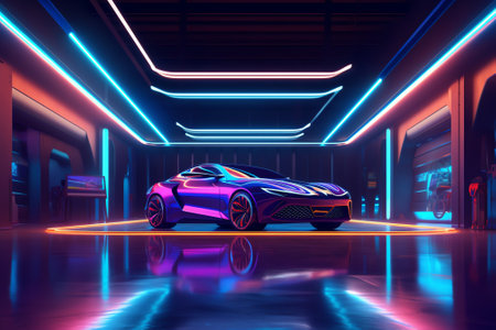 Neon Glowing Sci Fi Futuristic Blue Purple Red Cement Garage Door Parking Showroom Showroom Hangar Aの素材