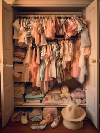 Hanging shelf in the closet. Children is wardrobe with things. Empty closet. movingの素材