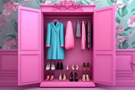 Dressing room in bright colors. Closet compartment. 3d illustrationの素材