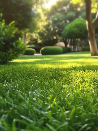 green lawn field backyard playground nature garden outdoor space for children background.の素材