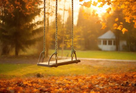 Photography on theme empty playground with metal swing for kids on background natural nature, photoの素材