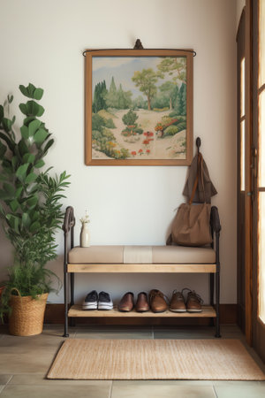 Farmhouse entryway. Wooden bench near white wall. Interior mockup. 3d render.の素材