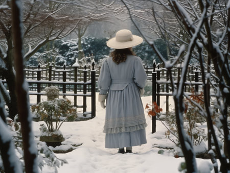 Snow falling on an English garden in winter, UKの素材