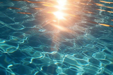 3d rendering, abstract background. Empty swimming pool underwater, sun rays and glareの素材