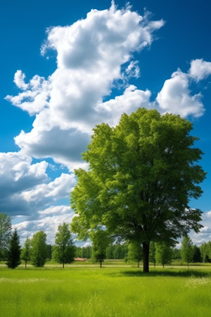 Lonely green tree with a spreading crown of fluffy foliage on a clear sunny day. Landscape scenery tの素材