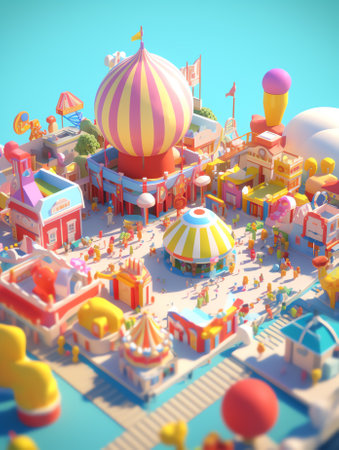 3d amusement park, circus, carnival fair theme podium with many rides and shops circus tent 3d illusの素材