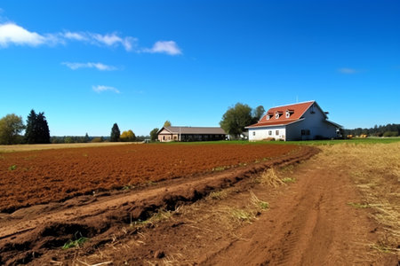 A field of plowed ground on a background of blue sky.の素材