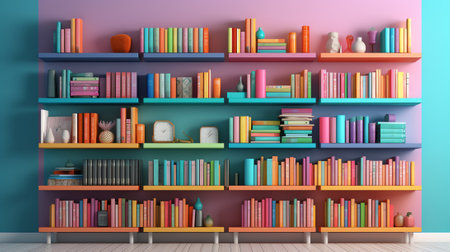 Shelves with colorful books on brick background. Library concept. Copy space, 3D Renderingの素材
