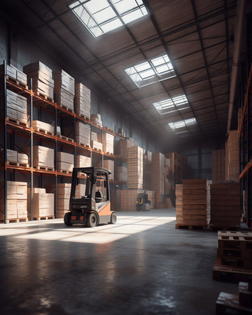 Interior of empty warehouse with a cartの素材