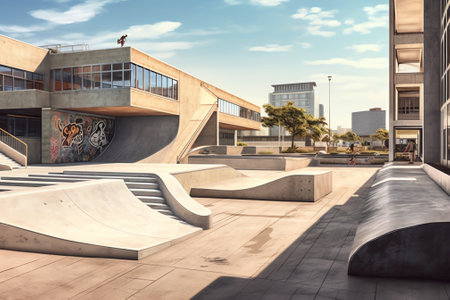 outdoor skatepark with blue sky and grey concrete in harwich, essex, ukの素材