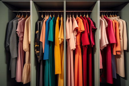 Close-up of empty closet space in room. Many shelves and expanse. Cupboard or wardrobe for people clの素材