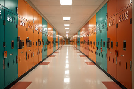 Lockers in empty school hallwayの素材