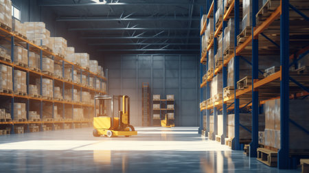 warehouse interior wit blurred forklift and worker in logistic centerの素材