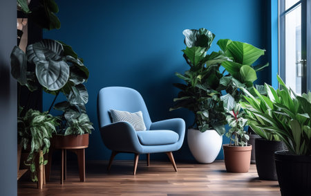 loft and vintage interior of living room, wood armchairs with plant on wood flooring and blue wall ,の素材