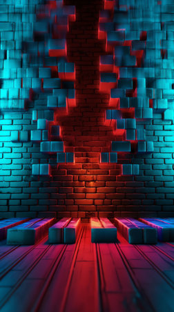 Background of an empty corridor with brick walls and neon light. Brick walls, neon rays and glowの素材