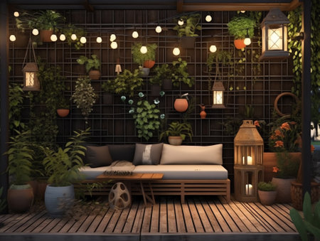 A beautiful recreation area in the park or in the garden. Wooden terrace, rustic loft interior. Retrの素材