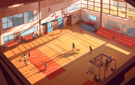Empty basketball court cartoon illustration. Vector interior design of sports hall to play team gameの素材