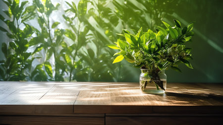 wood table green wall background with sunlight window create leaf shadow on wall with blur indoor grの素材