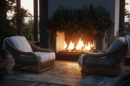 Patio with outdoor furniture and large fireplace. Evening sun in the yard. Backyard with armchairs aの素材