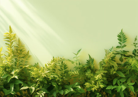 Decorative green ivy bush leaves and light brown stonepattern wall element for background. Close upの素材