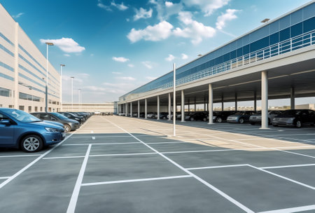 Empty parking lot on blue sky and sun reflectionの素材