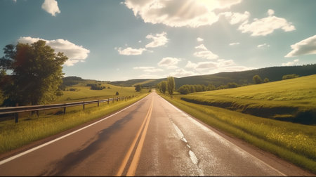 asphalt road panorama in countryside on sunny summer dayの素材