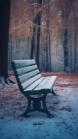 Wooden bench in the city park at winter. Empty bench covered with snowの素材