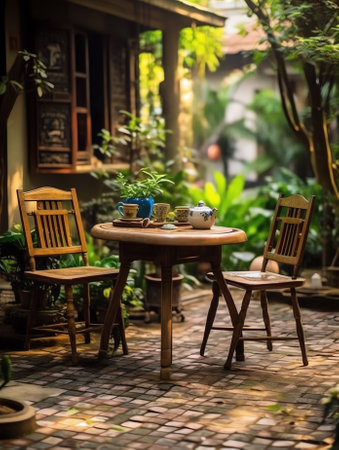 Chairs and table arranged in patio outside houseの素材