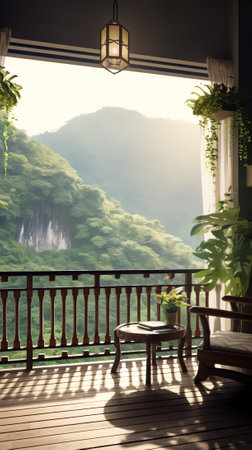 empty patio outdoor chair on balcony with mountain hill backgrpundの素材