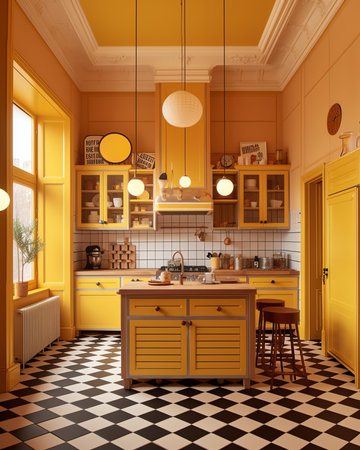 interior of retro kitchen place and desk of yellow colorの素材