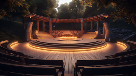 empty outdoor concert stage at night in a city parkの素材