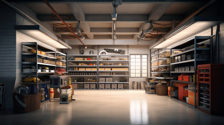 Empty garage with metallic shelvesの素材
