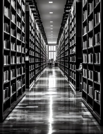 Book cart with sign at bookshelf in empty college libraryの素材
