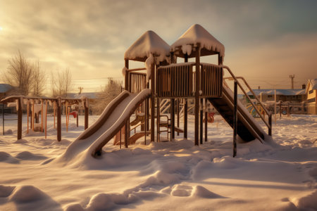 Photography on theme empty playground with metal slide for kids on background natural nature, photoの素材