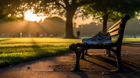 Empty park benches at a park summer morning view.の素材
