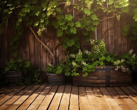 Old hardwood decking or flooring and plant in garden decorativeの素材