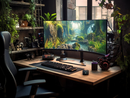 Gaming at Home: Empty Gamer Station with Player's Personal Computer with Green Screen Chroma Key Disの素材