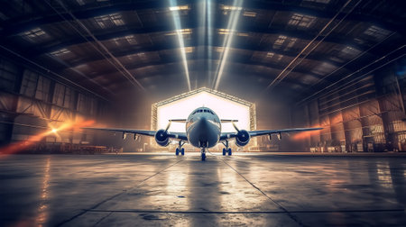 Bright light in open hangar doorsの素材