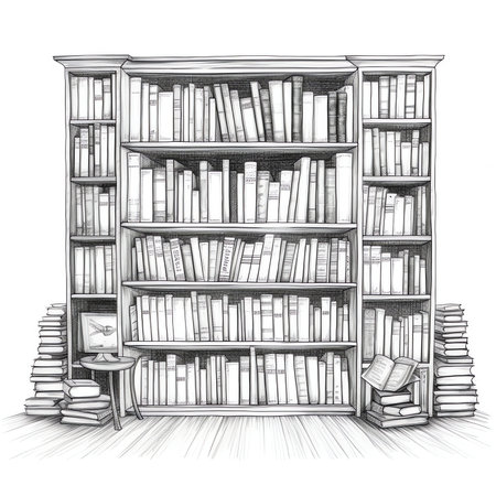 Bookshelf From Dark Wood With Shelves, Isolated On White Background, Vector Illustrationの素材
