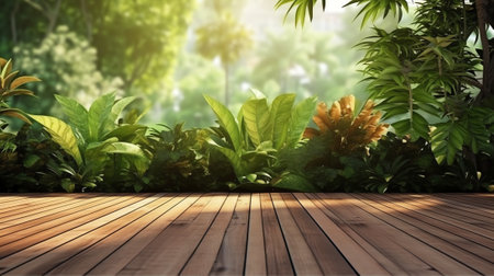 Old hardwood decking or flooring and plant in garden decorativeの素材