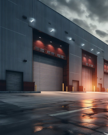 Large warehouse door illuminate spotlightの素材