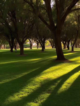 Trees with large courtyards and green lawns.の素材