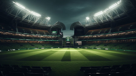 Cricket Stadium Front view on cricket pitch or ball sport game field, grass stadium or circle arenaの素材