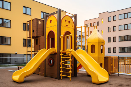 Facade of residential buildings with children colorful playground located on street with paved pathsの素材