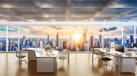 Side view of modern office workplace interior with empty poster and New York city view. Mock up, 3Dの素材