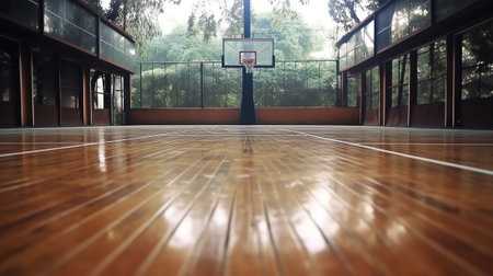 Close-up wooden basketball, volleyball, badminton court background. Sports hall with colorful markinの素材